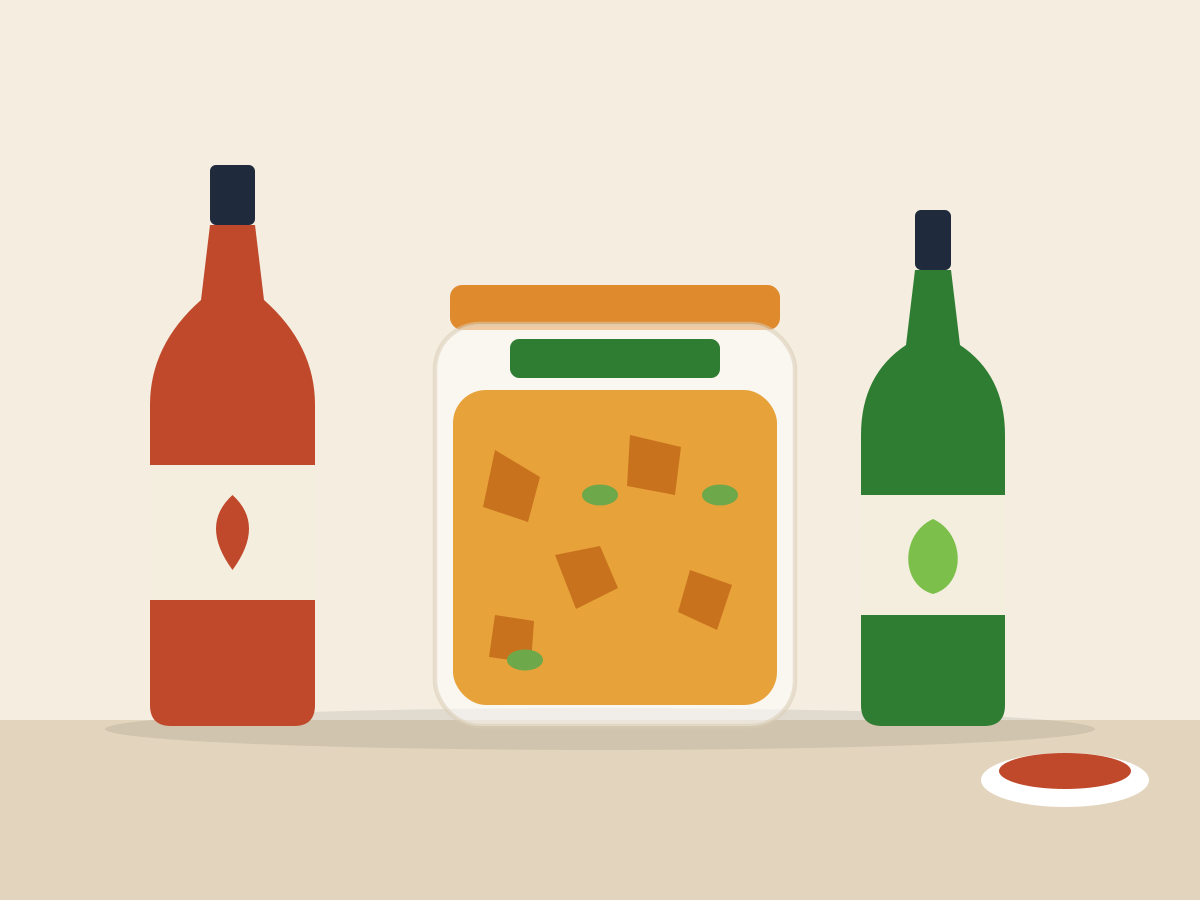 Sauce bottles and a pickle jar