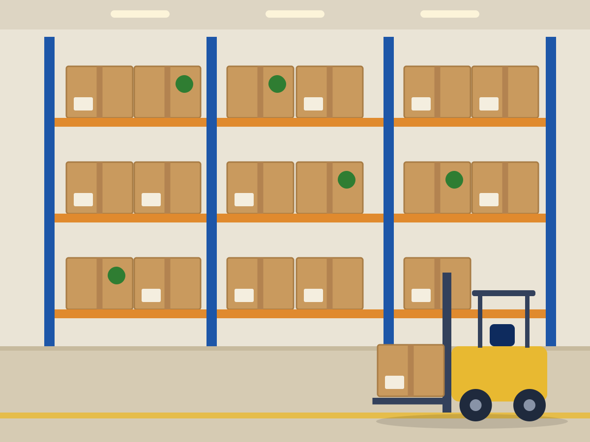 Warehouse racks stocked with food cartons and a forklift